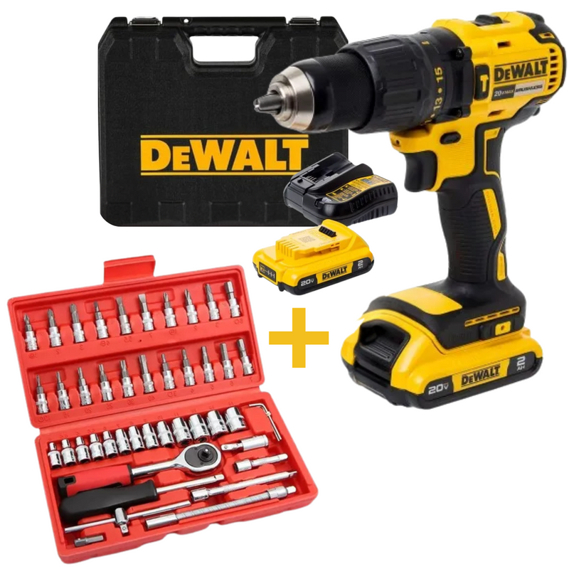 KIT TALADRO ORIGINAL INALÁMBRICO DEWALT CON 2 BATERIAS + ACCESORIOS + JUEGO CAJA SET DADOS CHICHARRA 46 PCS - PROMOCION CIERRE DE TIENDA * ENVÍO GRATIS