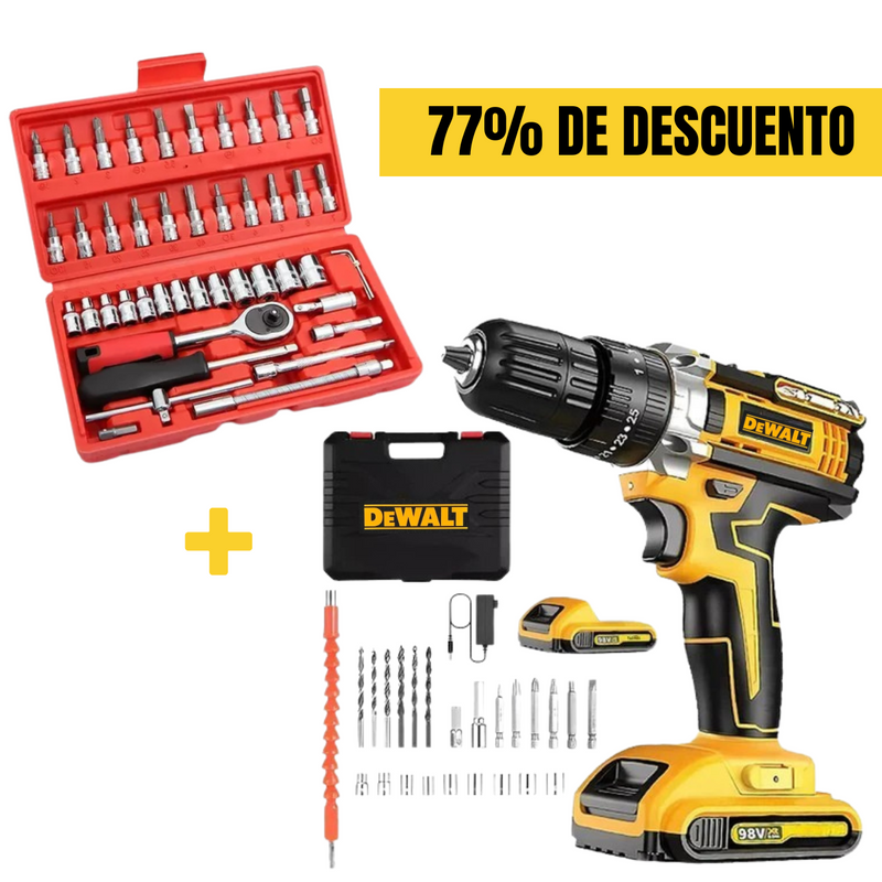 PACK TALADRO INALÁMBRICO DEWALT 98V CON 2 BATERIAS + ACC + JUEGO CAJA SET DADOS CHICHARRA 46 PCS - PROMOCION CIERRE DE TIENDA * ENVÍO GRATIS